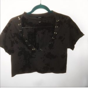 Black/Gray Tie Dye Cropped V-Neck T-Shirt
